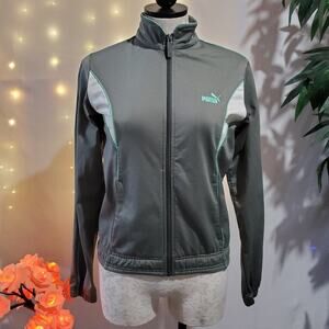 Puma Mock Neck Full Zip Track Jacket Women's Size S Gray/White Retro Activewear